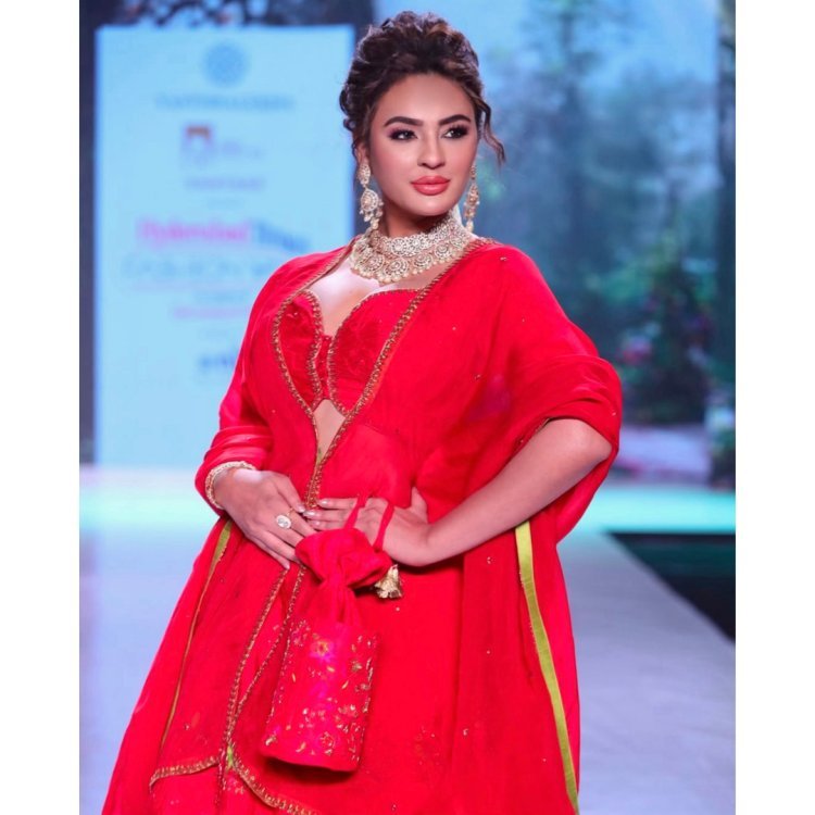 Seerat Kapoor Steals The Show In A Red Ghagra Choli With Parat Printed Designs As The Showstopper For Vashtralekha At Hyderabad Times Fashion Week